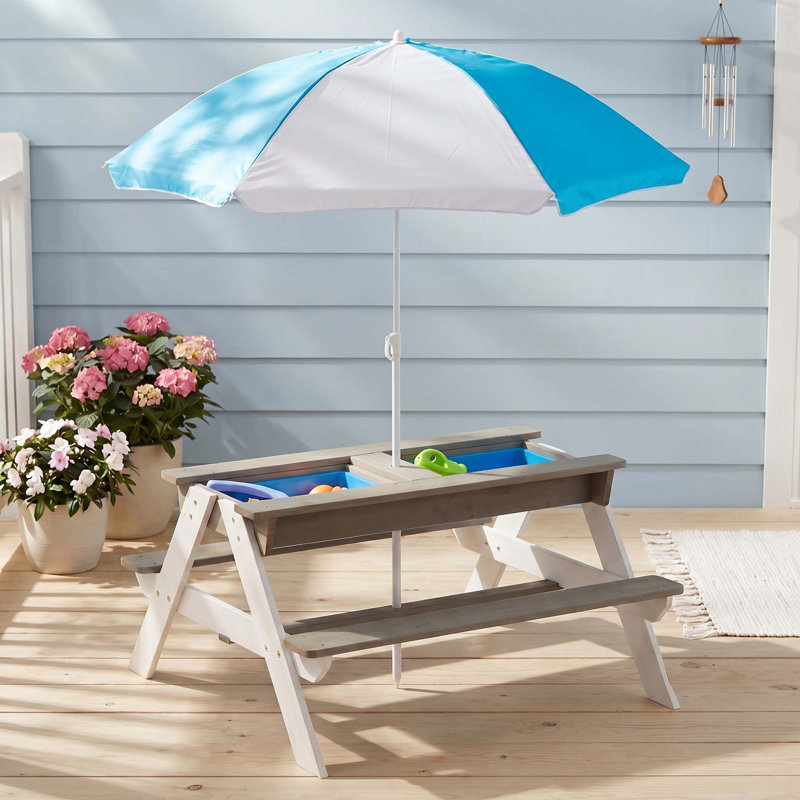 Table de pique-nique en bois pour enfants, table de sable et d'eau avec parasol, table d'activités pour jouer sur la terrasse