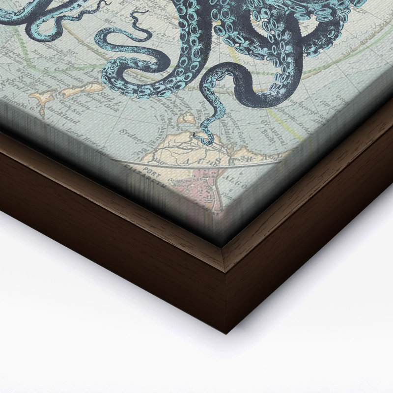 Pieuvre Kraken, Canevas, Encadrement brun, H 11 po x l 14 po