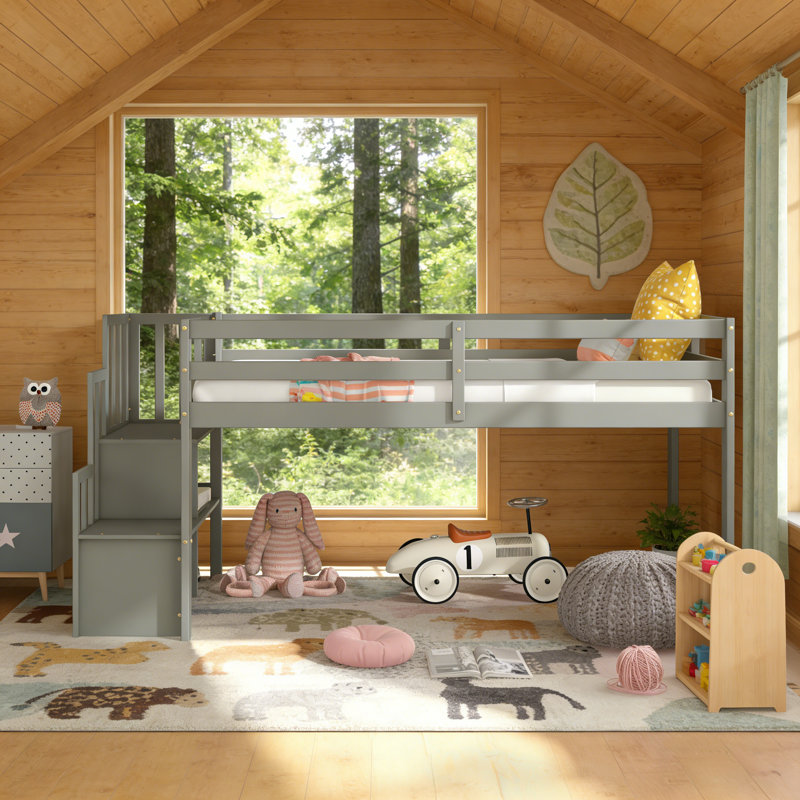 Lit mezzanine bas simple en bois massif avec escalier de rangement main courante, Gris