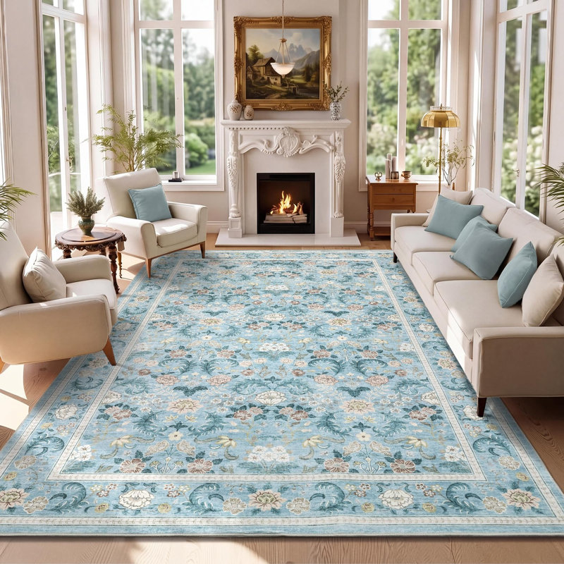 Vintage Floral 10x13 Large Living Room Rug with Non Slip Backing, Stain Resistant Non Shedding Oriental Distressed Area Rugs, Low Pile Foldable Carpet