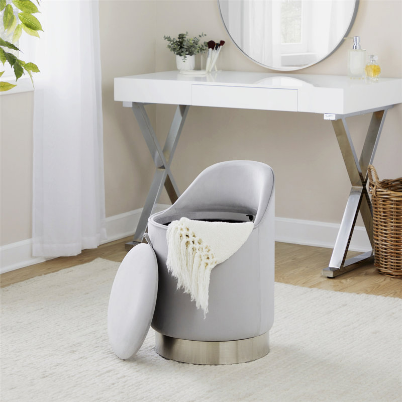 Tabouret de coiffeuse rembourré avec espace de rangement, Argent, Chrome chrome