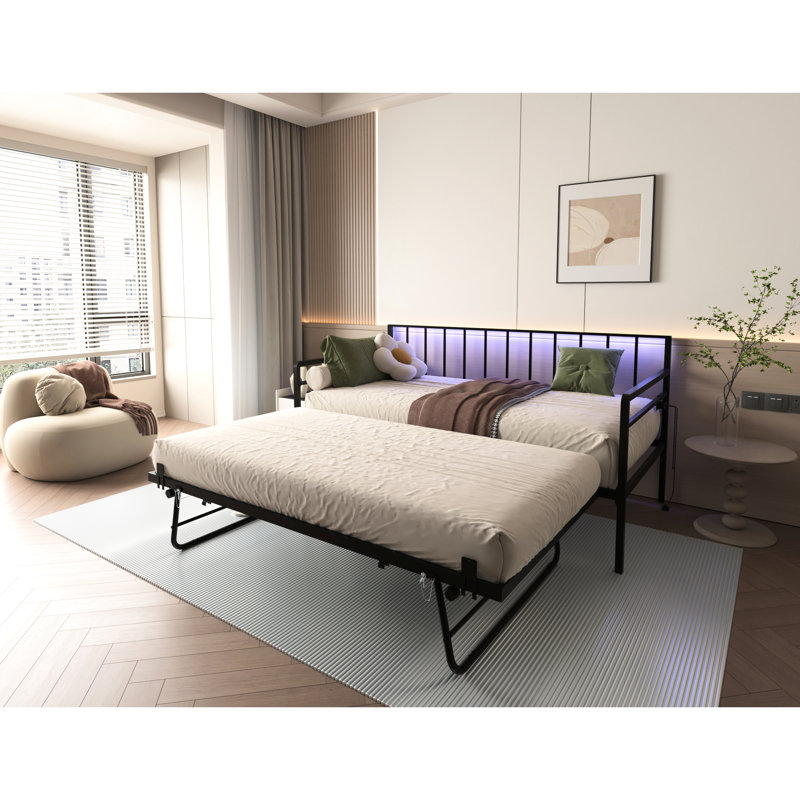 Black Twin Daybed With Lighting, Charging Station & Trundle, Height Adjustable Bed For Bedroom, Living Room, Guest Room - Steel Frame, Easy To Up Size Lights, Power Ports Metal Strong Slats,