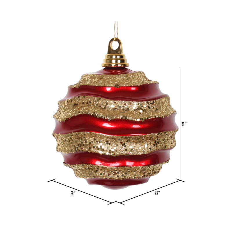 Ornement de Noël boule rayée et scintillante, H 8 po x l 8 po x P 8 po, Rouge / doré