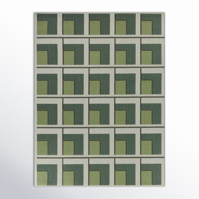 Kamran Rectangle Geometric Machine Woven Polypropylene Indoor / Outdoor Area Rug in Green/Gray