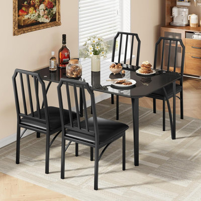 Dining Table Set for 2/4, Black Glass Kitchen Set with 2/4 Chairs & Ultra Comfortable PU Cushions – Space-Saving Dining Room Furniture for Small Space by Winston Porter