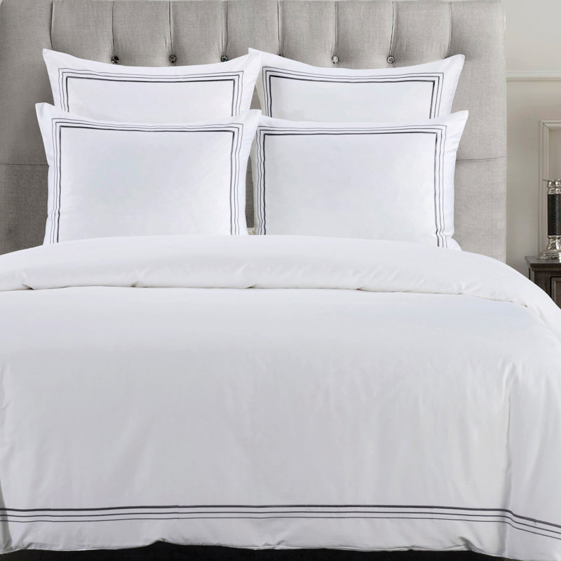 Border Embroidery 100% Cotton Modern Contemporary 3 Piece Duvet Cover Set, King Duvet Cover + 2 King Shams, Gray