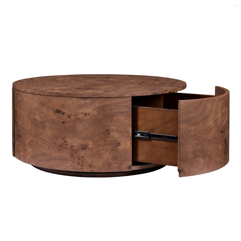 Table basse rotative en bois Burl avec 2 tiroirs, plateau tournant à 360 °, noyer, 28,4 po