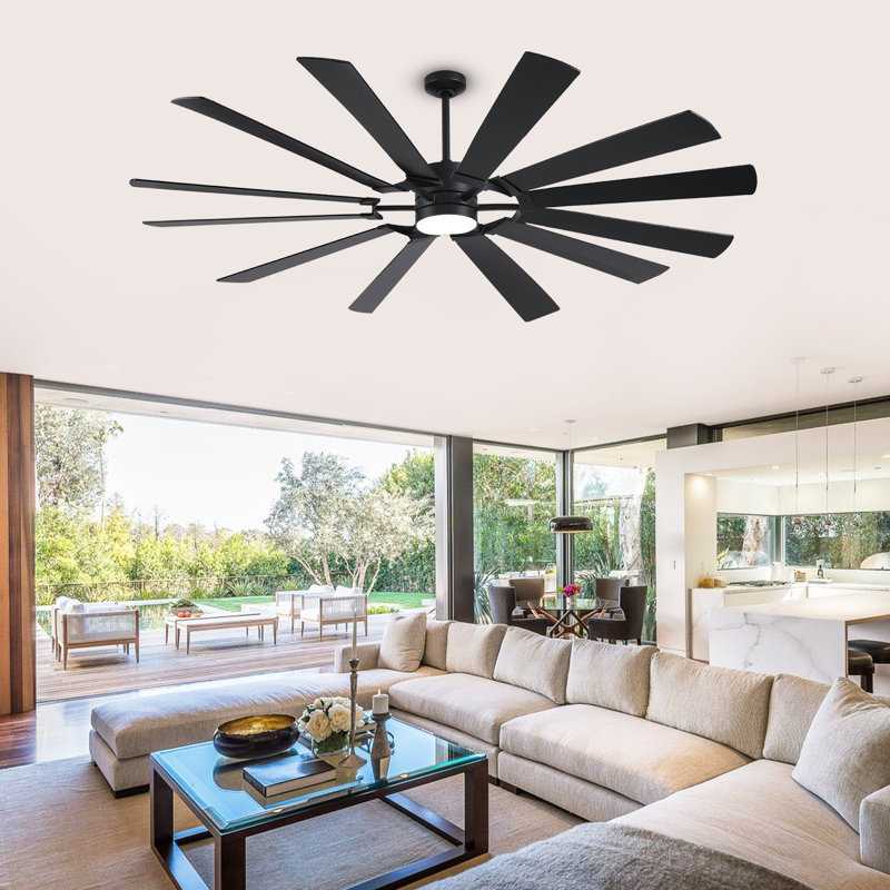 Modern Industrial 12 Blade Ceiling Fan With Light And Remote For Indoor/outdoor Covered Spaces, Black, 62" Wide, Black
