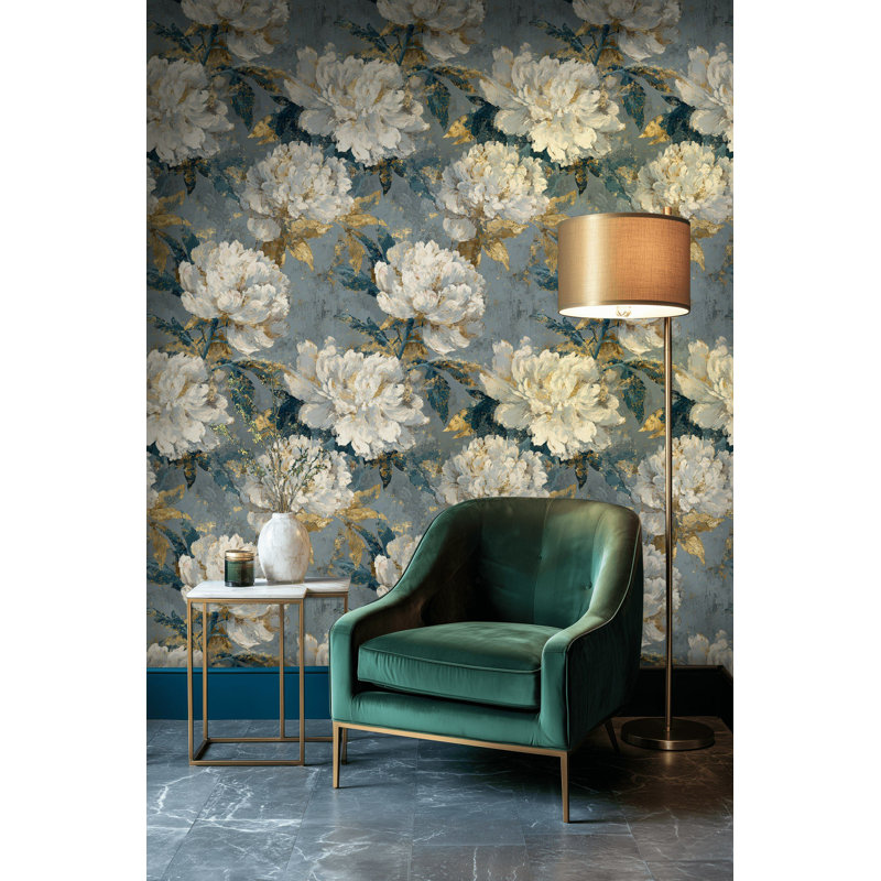Pivoine blanche blanche, papier peint adhésif mural bleu doré texturé