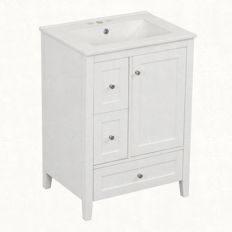 Meuble-lavabo de 24 po avec rangement, tablette réglable, panneau de fibres à densité moyenne et bois d'hévéa, cloisons amovibles