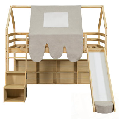 Twin size Wooden House-shaped Loft Bed Frame with a Tent