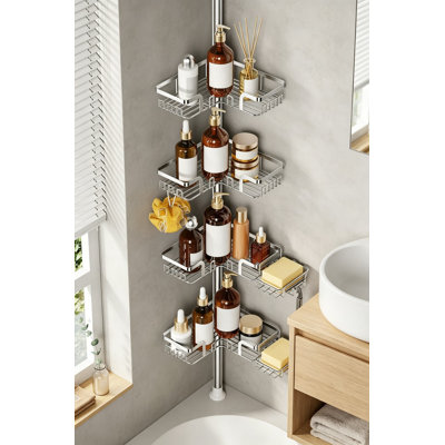 Shower Caddy Corner for Bathroom, Adjustable Tension Pole 25 to 114 Inches Floor to Ceiling, Standing Shower Tension Rod Organizer with 4 Tier Storage Shelves and 2 Soap Holders, Silver