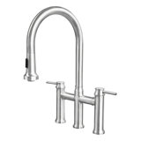 Whitehaus Collection Solid Stainless Steel Dual Lever Gooseneck Bridge Kitchen Faucet with Pull-down Spray Head