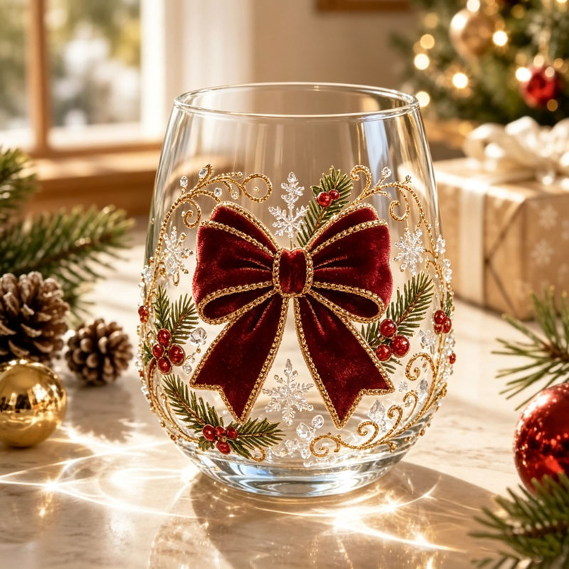 Tasse en verre de Noël sans poignée à thème de Noël, B