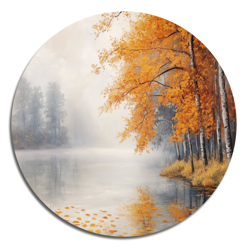 Foggy Fall Riverbank - Forest River, art mural rond en métal, L 36 po x H 36 po