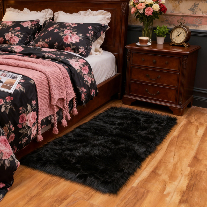 Soft Fluffy Black Faux Sheepskin Area Rug, Rectangle 2' x 3'