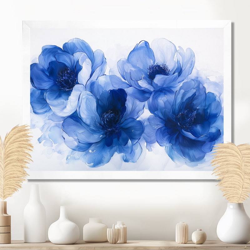 Velours bleu blanc, pivoines bleues - pivoines, art mural, H 30 po x l 40 po, Cadre simple blanc