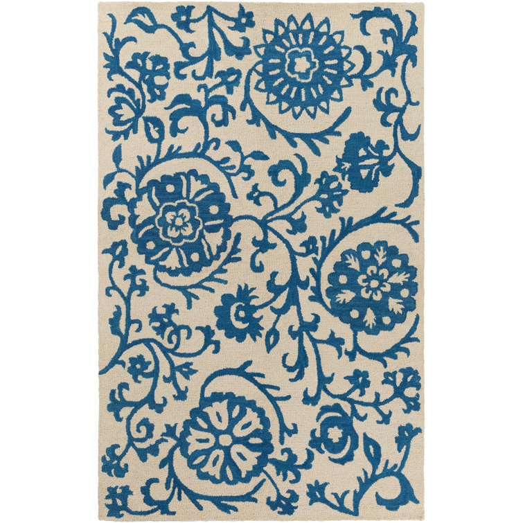 Bleu foncé en laine Touffeté à la main à motif floral Tapis décoratif/beige