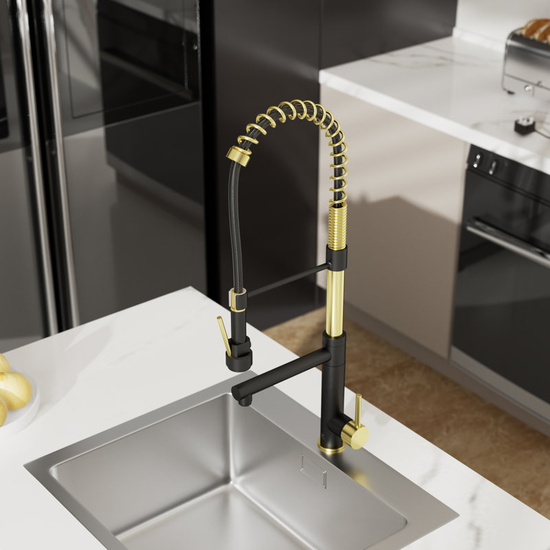 RoomTec Pull Down Kitchen Faucet with Soap Dispenser, Matte Black/Gold
