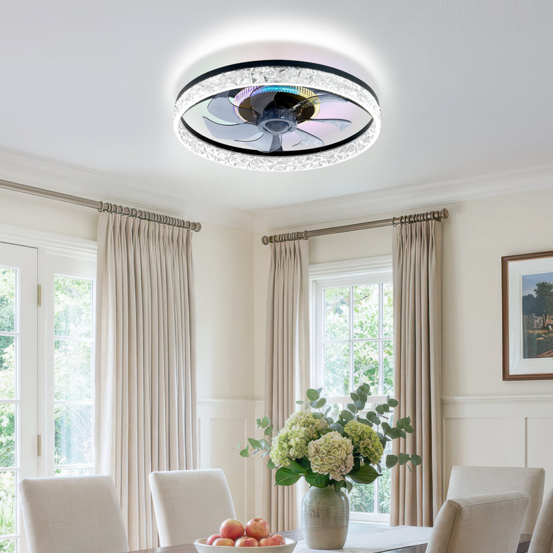 18.8" RGB Flush Mount Ceiling Fan With Lights, Ceiling Fan Lights With Faceted Shade,Remote Control, 6 Speeds, Dimmable LED for Bedroom & Living Spaces