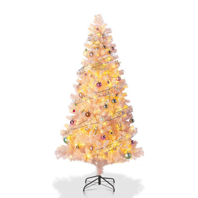 Arbre de Noël artificiel floqué rose 4,5 pi avec 100 lumières blanches chaudes, arbre de Noël avec 400 pointes de branches réalistes, PVC ignifuge, base pliable pour la maison, décoration de fête