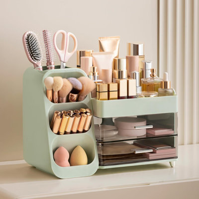 Oversized Green Cosmetic Storage Box With Built-In Brush Slot, Great For Keeping Vanities And Bathroom Spaces Tidy.