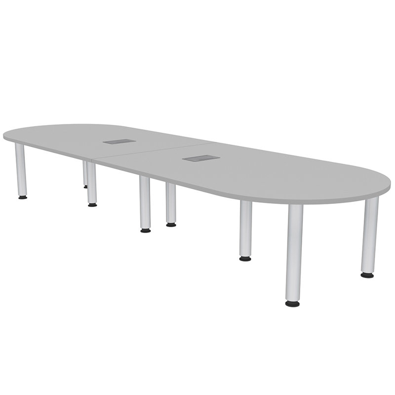 Table de conférence Racetrack avec puissance et données avec pieds en poteau argenté, L 144 po x l 48 po, Brouillard gris
