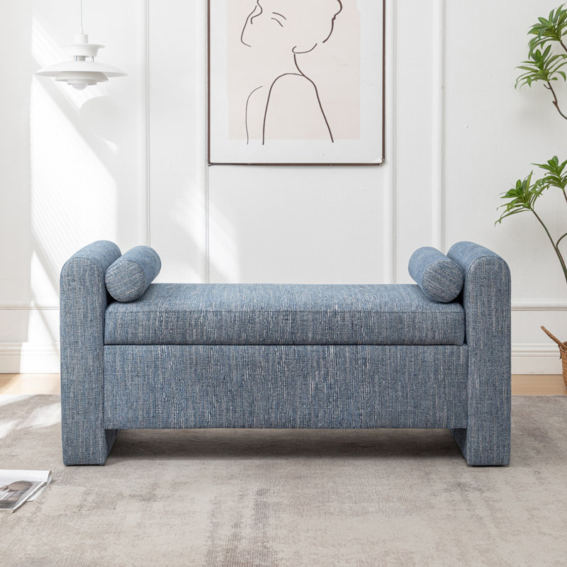 Banc de rangement rembourré en polyester Lataja, Bleu marbré, H 24 po x l 57 po x P 19,7 po