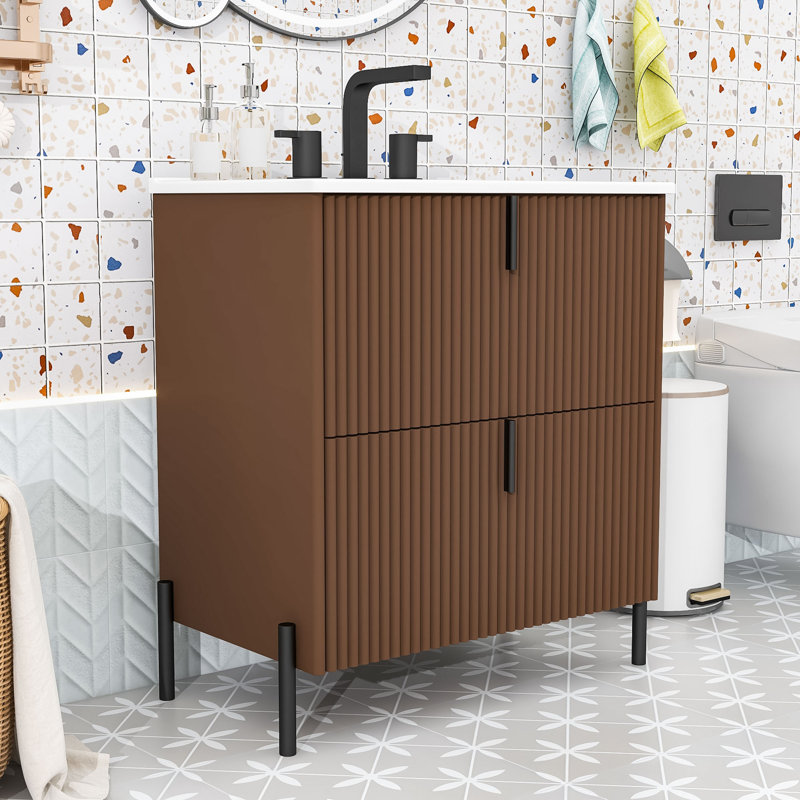 Meuble-lavabo de salle de bain avec lavabo en céramique, tiroirs pleine extension à fermeture en douceur et conception cannelée