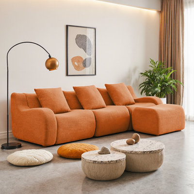3-Seat Boneless Sofa with Chaise – High-Quality Teddy Fabric, Curved Armrests, Anti-Slip Base, No Assembly Needed, 32D High Density Sponge, Camel for Living Room or Bedroom