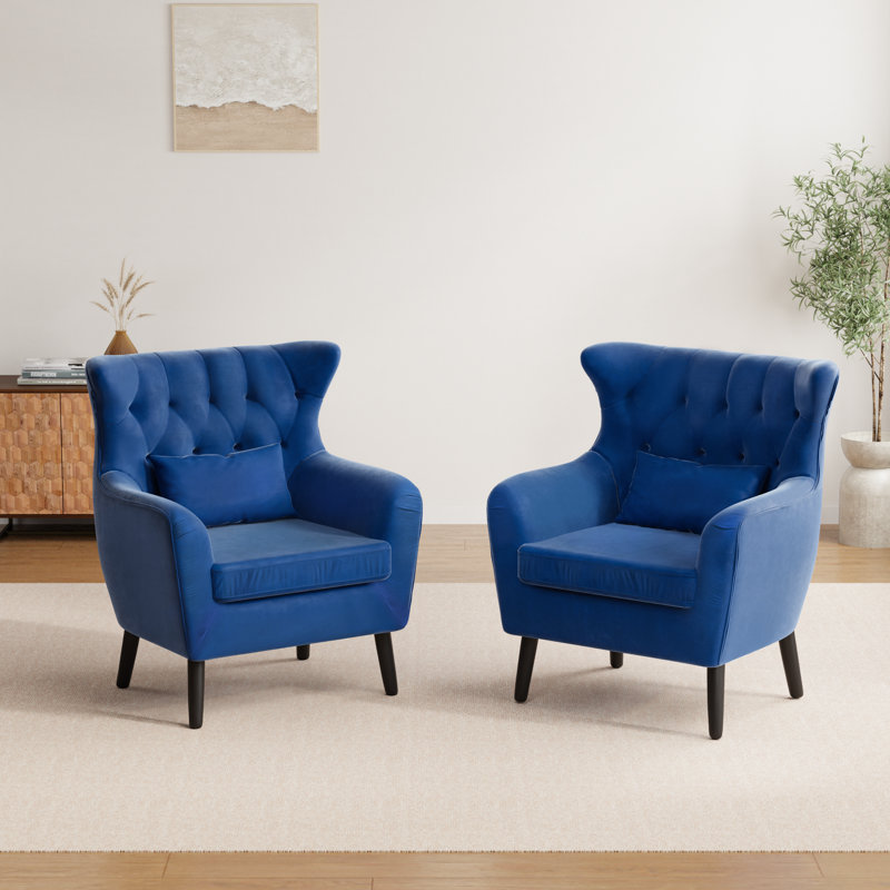 Thick Cushion Tufted Button Velvet Accent Chair, Navy Velvet