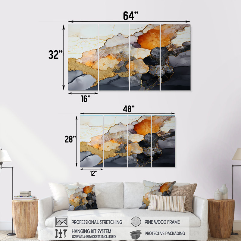 Impression sur toile en argent et roche dorée 4 pièces, H 28 po x l 48 po