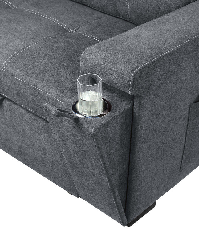 Canapé-lit modulaire réversible en tissu tissé gris de 95 po avec porte-gobelet de rangement Toby, Tissu gris