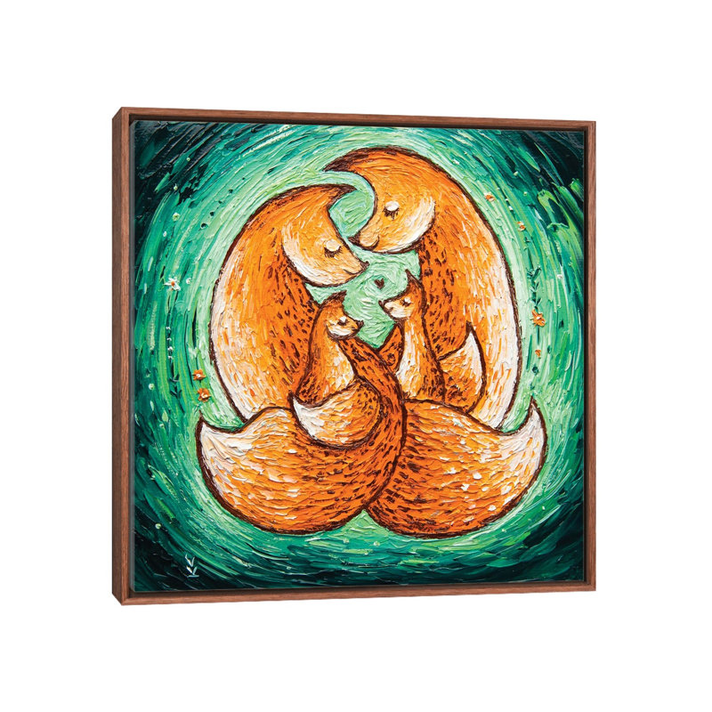 Chanterelle Family On Green by Betsy McDaniel - Painting on Canvas, Brown Framed, 66.04 cm H x 66.04 cm W