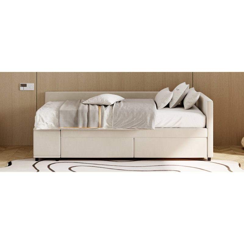 Lit plateforme simple en velours beige avec rangement intégré et tiroirs Extra A Chic, Beige
