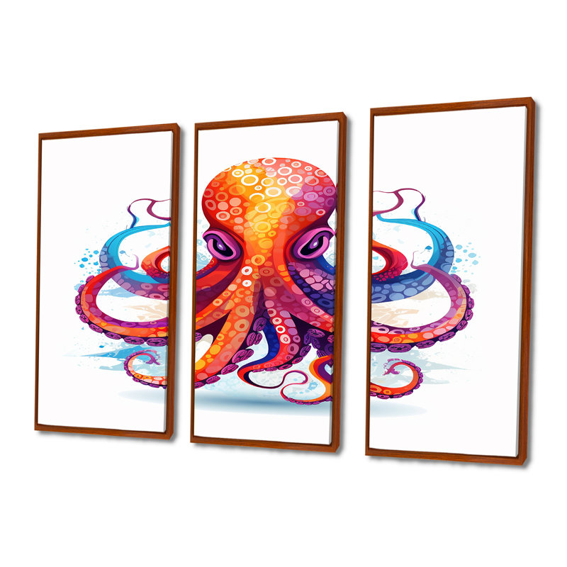 Ravenous red Octopus aquarelle - ensemble de salon art mural poulpe / calmar, Cadre flottant brun, H 28 po x l 36 po x P 1 po