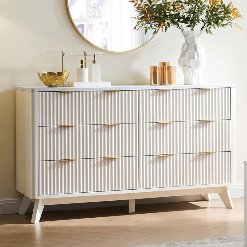Sladen Fluted Design 6-Drawers Dresser Organizer, Wood Wide Chest of Drawers, White