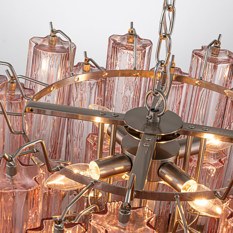 Lustre moderne en verre texturé rose 23 po en nickel poli élégant à plusieurs niveaux pour salle à manger ou lieu de mariage