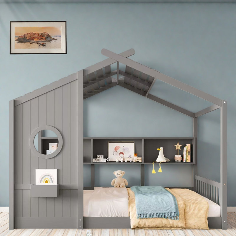 Lit sur pied avec tablettes de rangement, Lit double, Gris