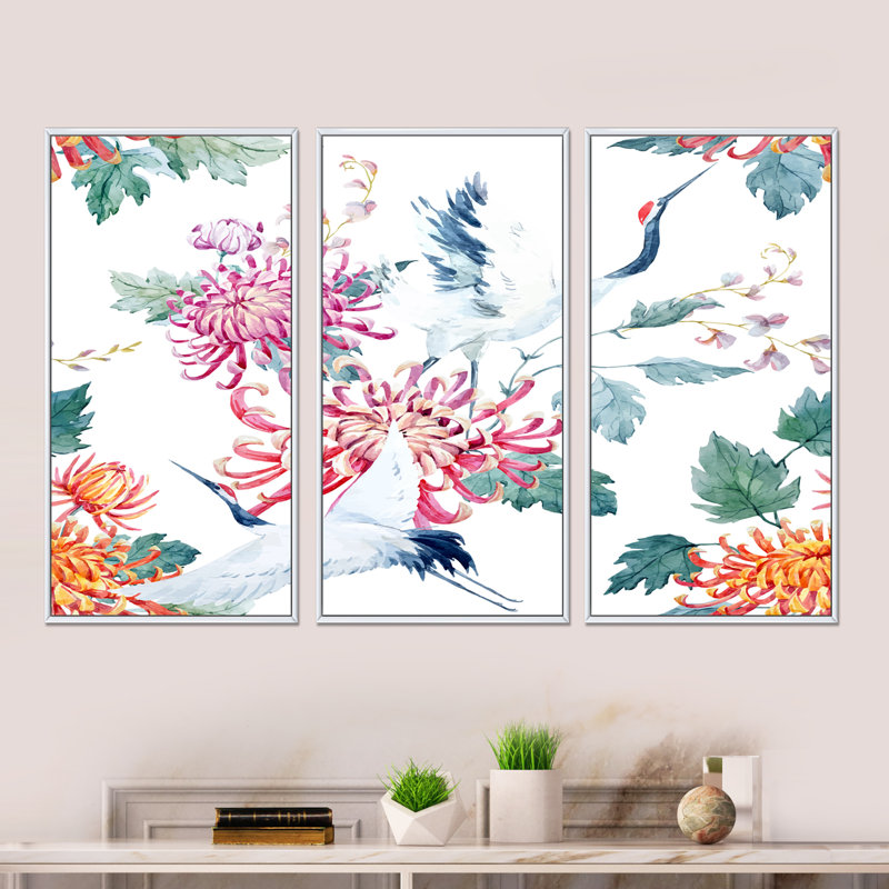Oiseau grue avec fleurs - 3 pièces, reproduction sur toile, H 32 po x l 48 po x P 1 po, Cadre blanc