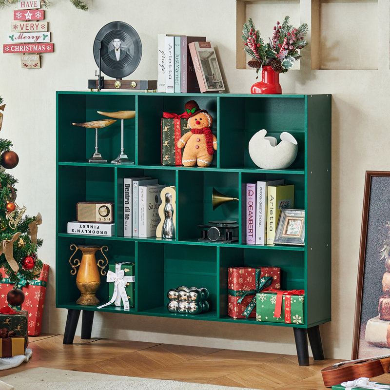 10 Cube Bookshelf,3 Tier Modern Wide Bookcase With Legs,Mid-Century Wood Bookshelves Storage，Retro Large Book Case,Freestanding Organizer Display Shelf For Bedroom,Living Room,Office