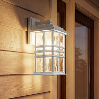 Beacon Square 12" 1-Light White Outdoor Wall Light with Clear Hammered Glass