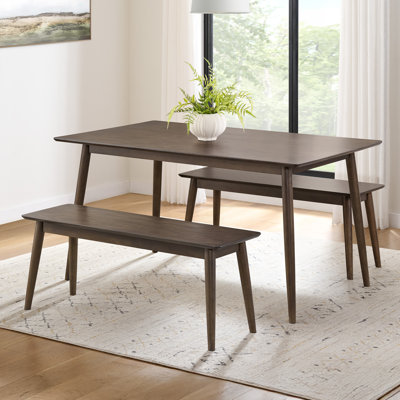 Calais 3 Piece Dining Table Set For 4 With Benches - 59” Solid Wood Kitchen Table And Two 46” Bench Seats - Mid Century Modern Furniture For Dining Room Or Kitchen (Walnut))