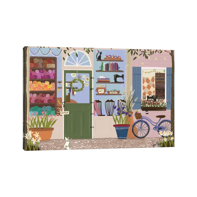 Stitcherie Shop Storefront by Joy Laforme - Painting on Canvas, 30.48cm H x 45.72cm W x 1.9cm D, Wrapped Canvas