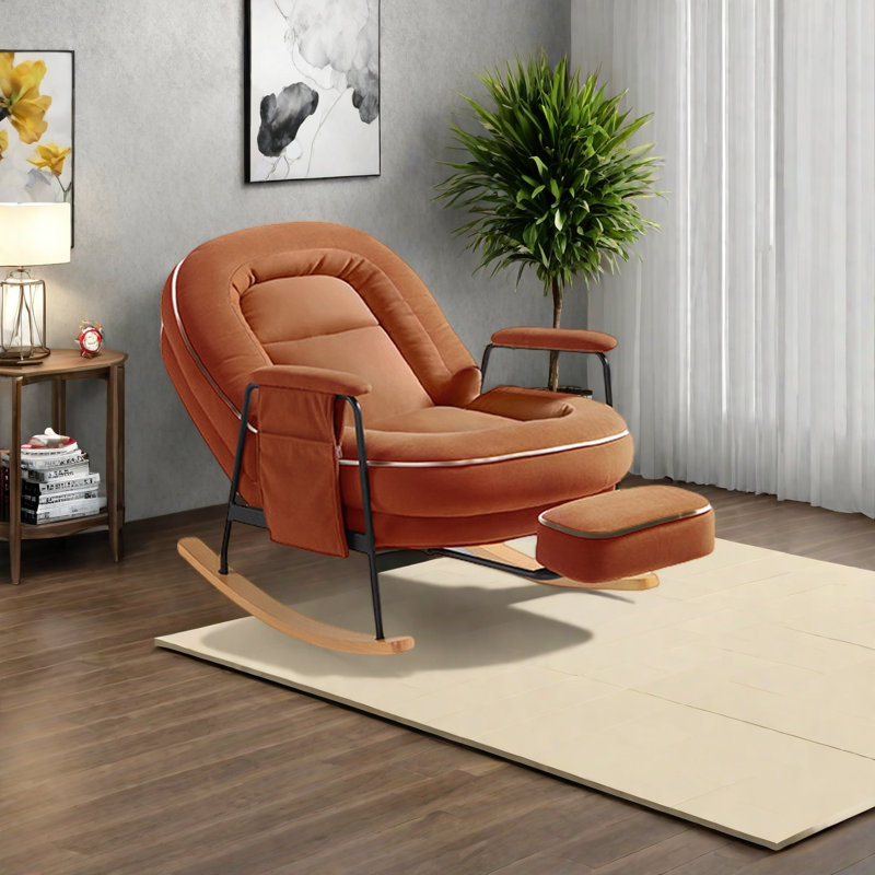 Chaise berçante confortable en bois massif, Orange-rouge