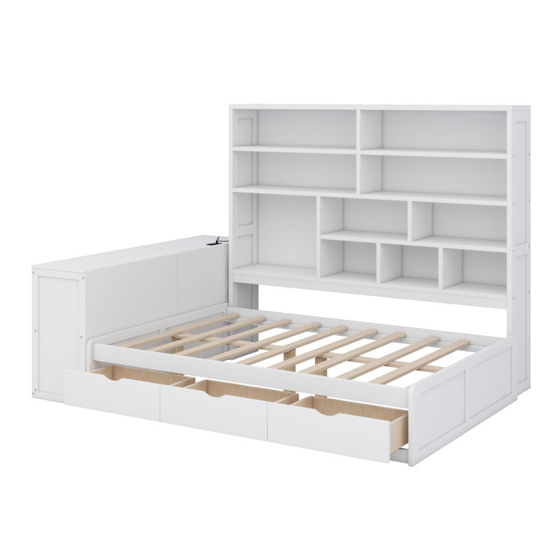 Lit de jour en bois avec trois tiroirs, bureau, tablettes et lumières, Blanc