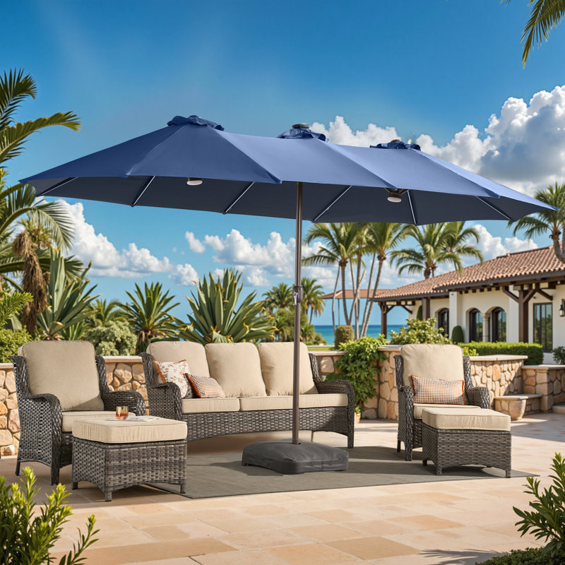 Parasol de marché rectangulaire à DEL 15 pi avec lumière solaire RVB et base, Bleu très foncé
