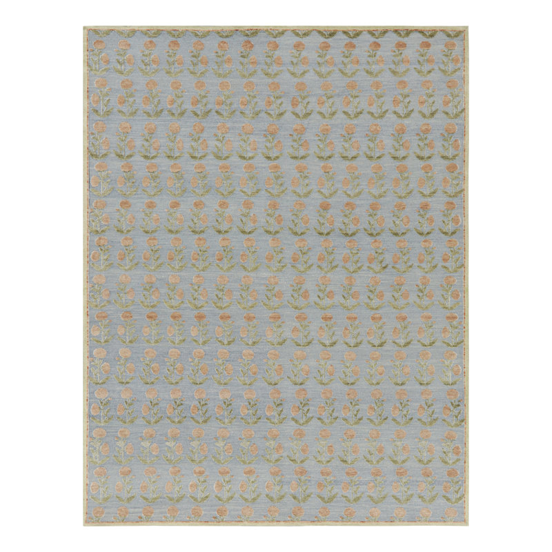 Rug & Kilim’S Block Print Rug Design With Brown And Green Floral Patterns, Rectangle 6' x 9'