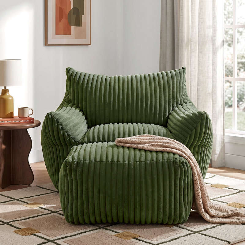 Compression Bean Bag Chair with Ottoman , Comfy Memory Foam Large Lazy Sofa, Green Corduroy