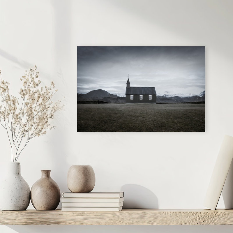 Église islandaise mystérieuse, paysage rustique et serein, affiche murale de montagne, H 12 po x l 18 po